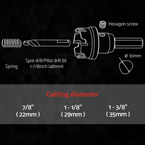 Diagram of Heavy Duty Carbide Hole Saw Kit For Stainless Steel With 7/8, 1 1/8, And 1 3/8 Inch Diameters, showing components.