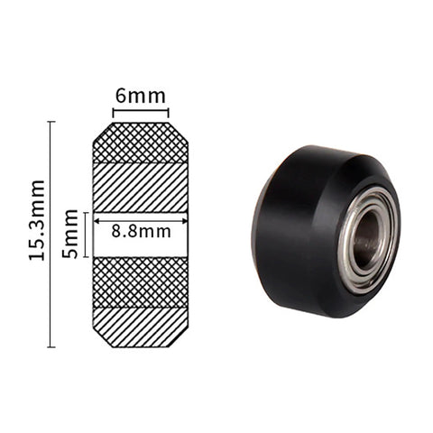 Diagram and side view of a Four POM V Slot Wheels With Bearings 15mm Outer Diameter 5mm Inner Hole For Your 3D Printer V Slot Guide Wheel