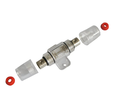 Tight Seal Badass In Line Mini ANL Fuse Holder Fits 4 6 8 Gauge AWG Wire With 80 Amp Afs Fuse Pack, clear housing, red rubber grommet.