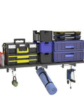 Wall Mounted Storage Shelf 46 Inch By 12.6 Inch Built Tough Heavy Duty Garage Organizer With 180 Lbs Capacity, Floating Rack With Four Hooks, Black Metal Shelf For Basement, Workshop And Tool Room, displaying various tools and containers.
