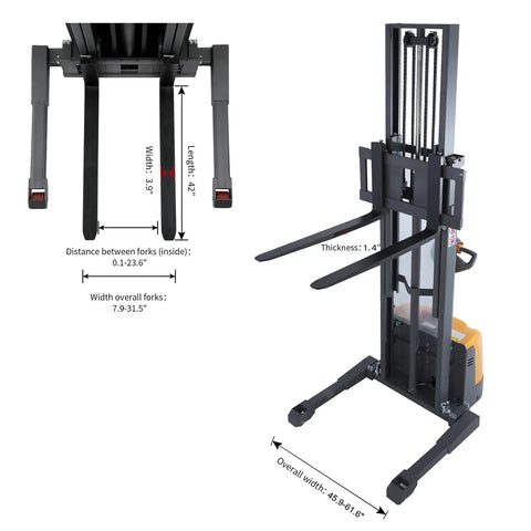 3300 Lb Capacity Electric Walkie Stacker With 130 In Lift Height And Powered Drive For Easy Material Handling showing fork dimensions and structure.