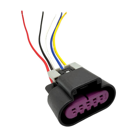 Close-up of Five Way MAF Sensor Connector Pigtail For Chevy Silverado Sierra Hybrid Tahoe Suburban Yukon Express Savana HHR Cobalt Colorado Canyon 2004 2012 6.0L V8 LQ4 LFA Compatible OE Style Replacement showing wires and connector.