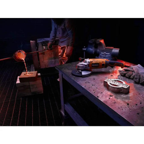 Heavy Duty 15 Amp Corded 7 Inch Angle Grinder With Adjustable Twist Handle For Pro Level Metal Cutting And Concrete Grinding on workshop table.