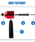 Heavy Duty Rivet Nut Tool Kit Compatible With Electric Drill And Ratchet Wrench with red and black components labeled for assembly.