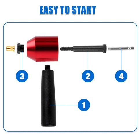 Heavy Duty Rivet Nut Tool Kit Compatible With Electric Drill And Ratchet Wrench with red and black components labeled for assembly.