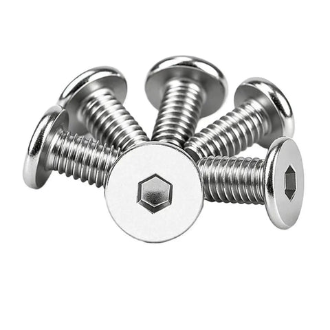 Ultra Low Profile Hex Socket Machine Screws In Tough 304 Stainless Steel Sizing From M2 To M6 arranged in a circular pattern.