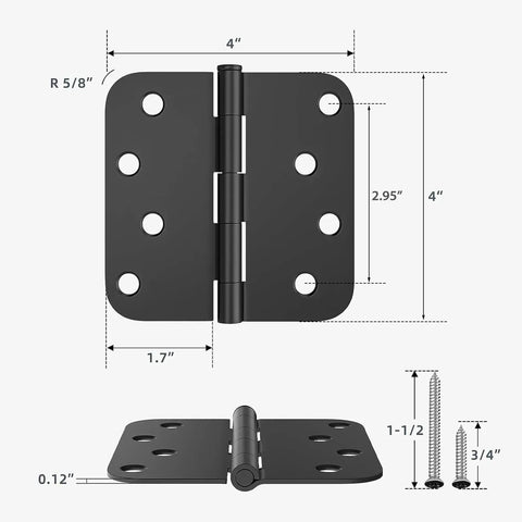 Heavy Duty 4 Inch Door Hinge Set With Slick Matte Black Finish And Rounded Corners dimensions shown with screws included.