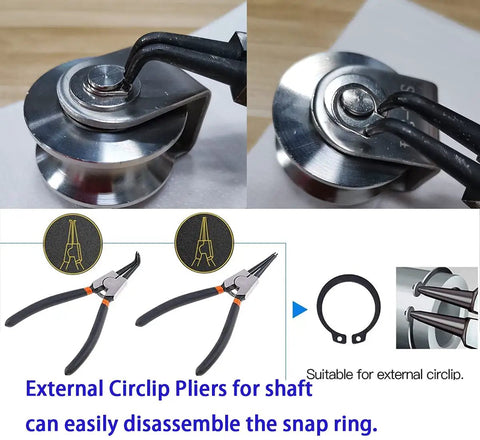 Rock Solid Badass Heavy Duty Groove Wheel Pulley Block with External Circlip Pliers for snap ring disassembly.