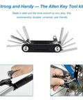 Road And Mountain Bike Tire Repair Kit With Waterproof Frame Bag 120 PSI Mini Pump 11 In 1 All In One Multi Tool usage demonstration