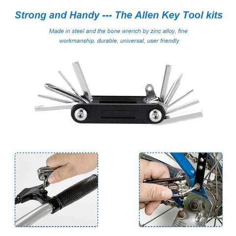 Road And Mountain Bike Tire Repair Kit With Waterproof Frame Bag 120 PSI Mini Pump 11 In 1 All In One Multi Tool usage demonstration