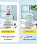 Smart Desktop Beverage Chiller With Rapid Freeze And Instant Heat Mode Made From Food Grade Aluminum For Your Morning Brew, showcasing beer bottle in chiller.