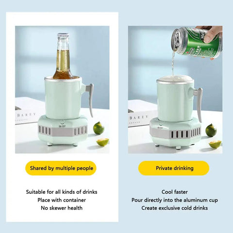 Smart Desktop Beverage Chiller With Rapid Freeze And Instant Heat Mode Made From Food Grade Aluminum For Your Morning Brew, showcasing beer bottle in chiller.