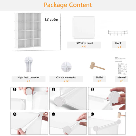 Package contents of Cube Storage Organizer 12 Cube Bookshelf DIY Plastic Closet Clothes Shelves With Wooden Mallet and assembly steps.