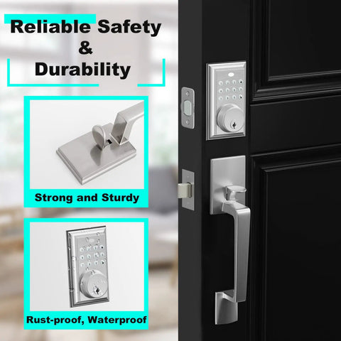 Keypad Deadbolt Entry Set With Handle In Satin Nickel, Keyless Entry For Up To 50 Codes, Auto Lock on black door, strong and weatherproof