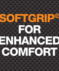 Text stating 'SoftGrip for Enhanced Comfort' on a carbon-fiber pattern background.