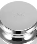 5 Kg Calibration Weight For Digital Scales, Precision Class M1 Steel With Chrome Finish top view showing smooth silver surface
