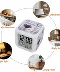 Purple Lavender Farm Wooden Cube LED Digital Alarm Clock in bedroom, showing time and temperature with floral design.