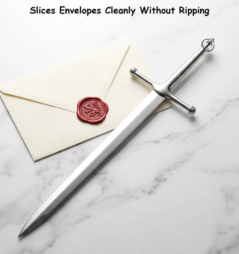 Dope Vintage Sword Letter Opener with silver finish and ergonomic grip for quick envelope opening on marble surface with envelope.