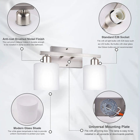 Dope Vanity Light Fixture Over Mirror in Brushed Nickel With Modern Two Light Wall Sconces, White Glass Shades, E26 Base details