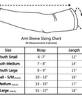 Arm sleeve sizing chart with measurements for youth and adult sizes for Skip Sunscreen Hassles With Dope Black Compression Arm Sleeves.