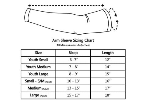 Arm sleeve sizing chart with measurements for youth and adult sizes for Skip Sunscreen Hassles With Dope Black Compression Arm Sleeves.