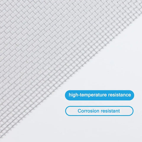 Rust-Resistant 304 Stainless Steel Mesh Screen For Windows And Vents showing weave detail and corrosion resistance labels.
