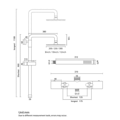 Wall Mounted Thermostatic Shower System Combo Set With 12 Inch Rainfall Head And Handheld Sprayer Temperature Stabilizing Bathroom Faucet Gray Brass Finish dimensions and schematic view.