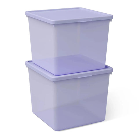 Purple 18 Gallon Plastic Storage Bin With Snug Snap Lid, Hella Spacious Stackable Tote for seasonal storage stacked in display.