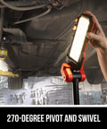 Compact Collapsible Tower Work Light With Foot Pedal Switch Hella Bright 12v And 20v Compatible Battery Power Tool Setup For Job Sites Sweet Quick Deploy Light Rig in use with a 270-degree pivot, illuminating an automotive workspace.