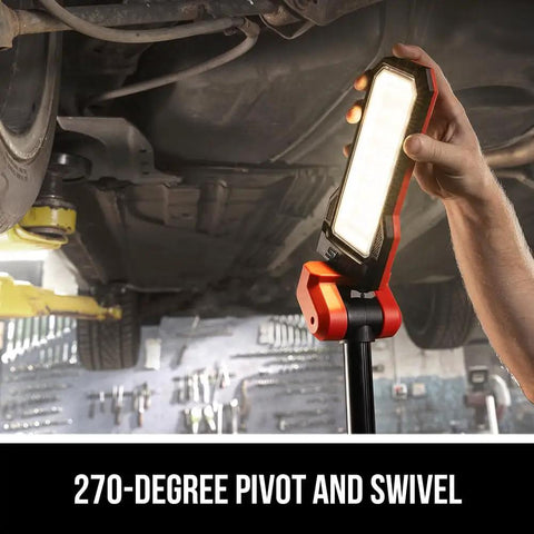 Compact Collapsible Tower Work Light With Foot Pedal Switch Hella Bright 12v And 20v Compatible Battery Power Tool Setup For Job Sites Sweet Quick Deploy Light Rig in use with a 270-degree pivot, illuminating an automotive workspace.