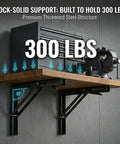 Built Like A Tank Heavy Duty Folding Shelf Brackets 2 Pack Matte Black Steel supporting 300 lbs on a wooden shelf.