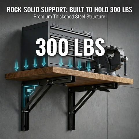 Built Like A Tank Heavy Duty Folding Shelf Brackets 2 Pack Matte Black Steel supporting 300 lbs on a wooden shelf.