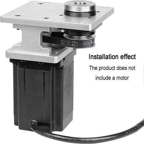 Heavy Duty Hollow Rotary Platform With Adjustable Belt Tension For 86 Stepper Motors To Nail Dead On Positioning and Straight Up Replace Your Older Cam Index Gear, showing aluminum casing and motor connection.