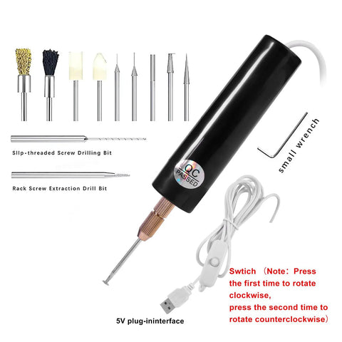 Handheld Electric Screw Extraction Pen And Mini Grinder For Busted Or Jammed Smartphone Bolts With 11 Precision Bit Set and switch.