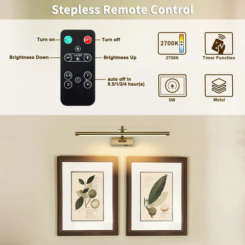 Wireless Picture Lights With Remote And Timer Dope Rechargeable Brass Gallery Lighting For Over Frame Portraits Battery Operated 5W 24 Inch Warm White Dimmable From 10 Percent To 100 Percent With Auto Off Long Lasting Built In Battery showcasing remote and control features