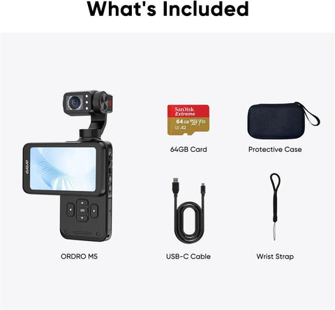 Handheld Gimbal Camcorder With 3-Axis Stabilization, 3.5 Inch Rotating Touch Screen, face tracking, 64GB card, case, USB-C cable, strap.