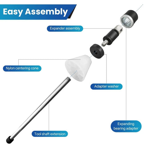 Cam Bearing Removal And Installation Tool Set With One And One Eighth Inch To Two And Two Thirds Inch Adapters showcasing parts including expander assembly and nylon centering cone
