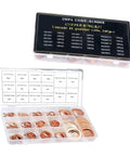 Copper Crush O Ring Washers Set 200 Pcs Metric M5 M6 M8 M10 M12 M14 Sealing Gaskets For Oil Pan Drain Screws And Pipe Joints Replacement Copper Washers For Cars And Trucks Gold Finish Durable Auto Repair Gear For Leak Free Seals Gearhead Approved in clear plastic box with sizes labeled.