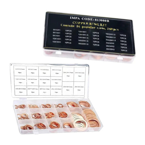 Copper Crush O Ring Washers Set 200 Pcs Metric M5 M6 M8 M10 M12 M14 Sealing Gaskets For Oil Pan Drain Screws And Pipe Joints Replacement Copper Washers For Cars And Trucks Gold Finish Durable Auto Repair Gear For Leak Free Seals Gearhead Approved in clear plastic box with sizes labeled.