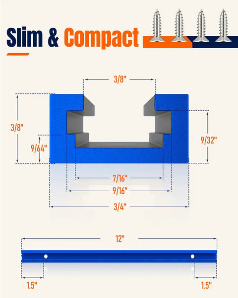 Diagram showing dimensions of Two Pack 12 Inch Aluminum Pro Grade T Track For Woodworking Jigs And Fixtures With Double Cut Profile.