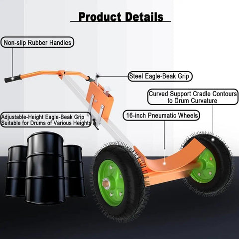 55 Gallon Drum Dolly With 16 Inch Pneumatic Tires Built Tough Heavy Duty Steel Hand Truck For 1000 Lb Loads All Terrain Mobility Four Wheel Drum Carrier For Warehouse Or Shop, product details view