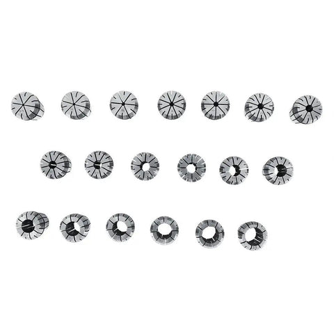 Pro 19 Piece Spring Collet Set For CNC Milling And Engraving Machines With Precision 2mm To 20mm sizes displayed in rows.