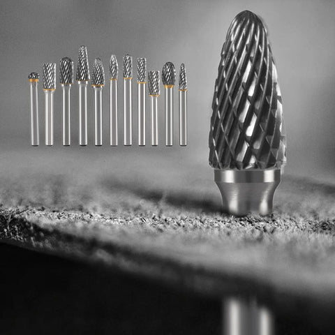 HIDOTOL 10-piece carbide burr set with 1/4 in shanks; tungsten double-cut bits lined up beside a large burr.