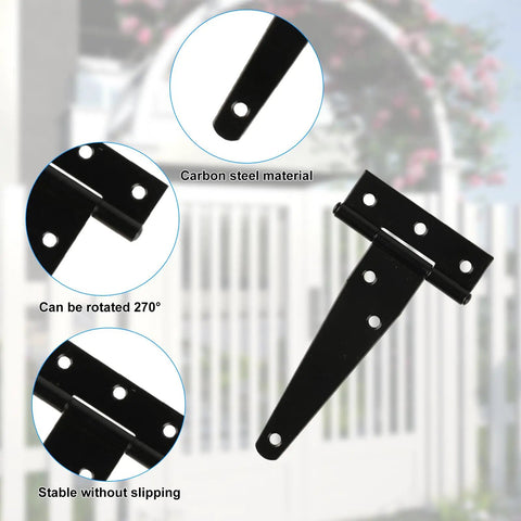 16 Pack 4 Inch T Strap Hinges Heavy Duty Matte Black Outdoor Gate Hardware No Frills Installation Rock Solid Frame Top Shelf Weather Protection Built Tough For Barns showing carbon steel hinge with rotation features.