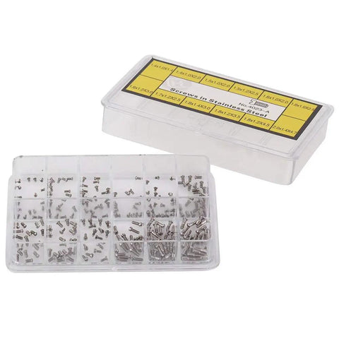 Built Tough Stainless Steel Watch Back Cover Screw Set Featuring 12 Rust Resistant Micro Fasteners And Compact Storage Box showing assorted screws in clear case.