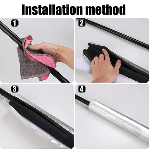 Waterproof Pipe Insulation Wrap For Outdoor Use, step-by-step installation on pipe with aluminum foil shield, 4-step process