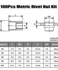 Technical diagram for Rivet Nut Kit 100Pcs M4 M5 M6 M8 M10 Stainless Steel Pro Grade Rivet Nuts Assortment with measurements.
