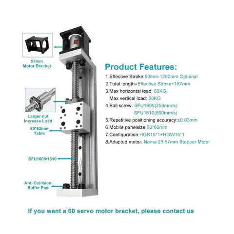 Precision 60mm Wide X Y Z Axis Linear Actuator Stage Featuring SFU1605 Ball Screw Drive And Nema23 Motor detailed features diagram.