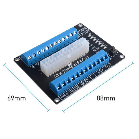 ATX Power Supply Breakout Board 24 Pin To 20/20+4/24 Header With Latching On Off Button, blue and white terminal blocks, dimensions 69mm x 88mm
