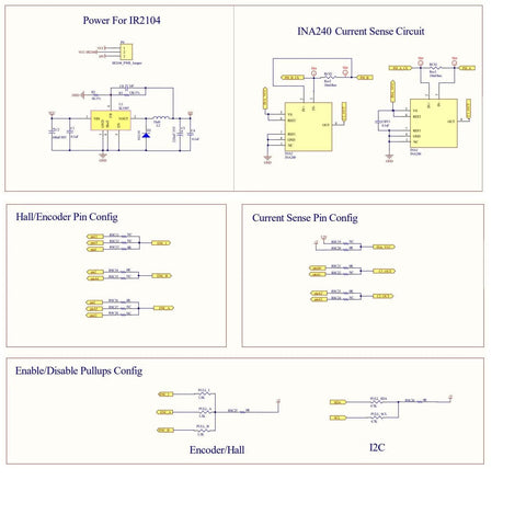 Circuit schematic for Pro Grade BLDC Motor Controller For FOC Shields with IR2104 and INA240 components for Arduino projects.